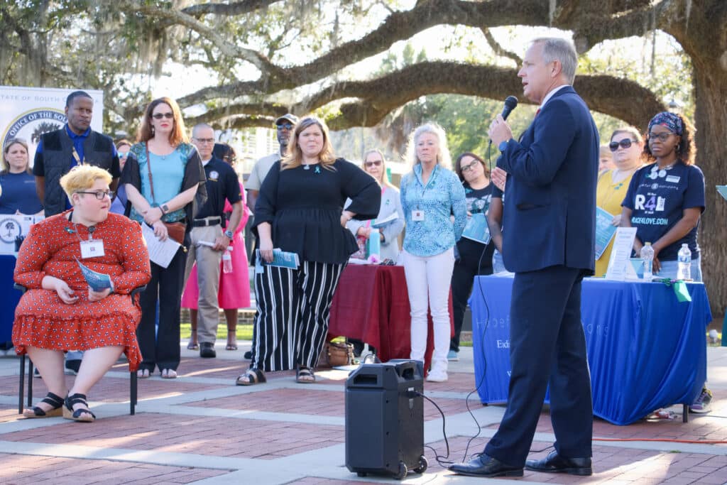 Solicitor Duffie Stone speaks at a Take Back the Night event April 18, 2023, in Walterboro.
